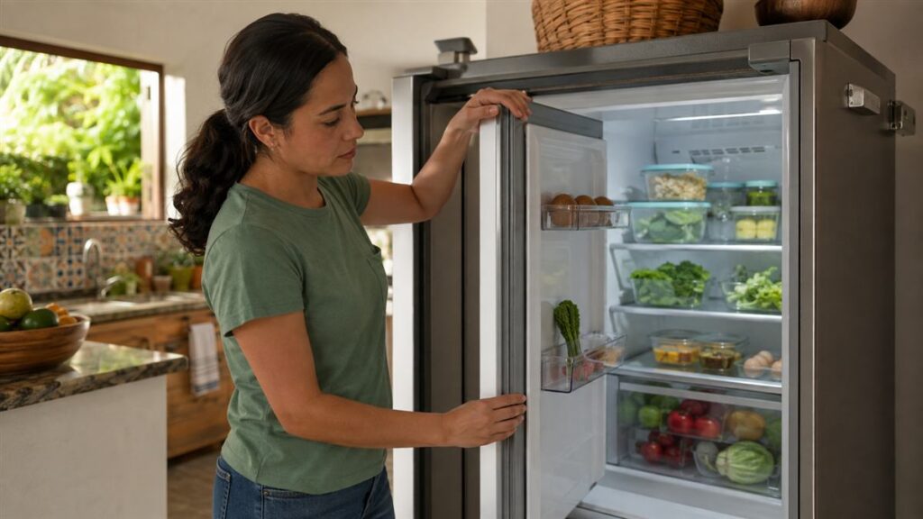 Refrigerador doméstico ordenado con recipientes y espacio para circulación de aire