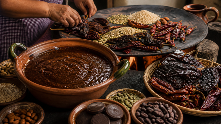 Mole oaxaqueño servido en plato de barro junto a chiles, semillas, cacao y una cuchara de madera.